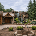 Rustieke lodge-ingang met een rotswaterval en ronde vuurplaats.