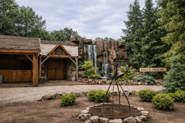 Rustieke lodge-ingang met een rotswaterval en ronde vuurplaats.
