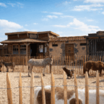 Westernkraal met ezels, geiten en verweerde gebouwen.